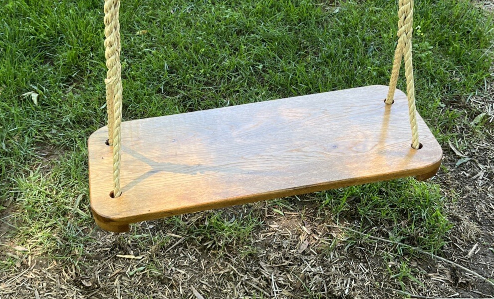 Handcrafted Wood Tree Swing /Handspliced Rope at Seat comes with 12′ per side