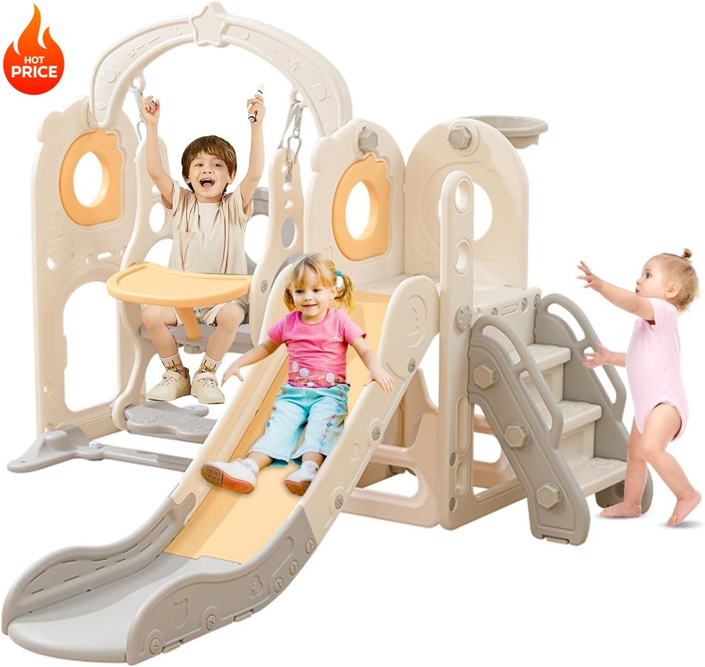 Freestanding Toddler Slide with Swing Set 6 in 1 Kids Playset L Shaped Beige