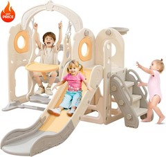 Freestanding Toddler Slide with Swing Set 6 in 1 Kids Playset L Shaped Beige