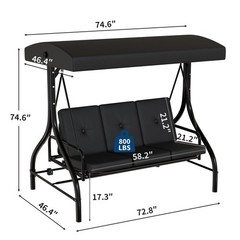 IDEALHOUSE 3-Seat Patio Swing w/ Stand, Convertible Bed, Adj. UV Canopy, 800lb