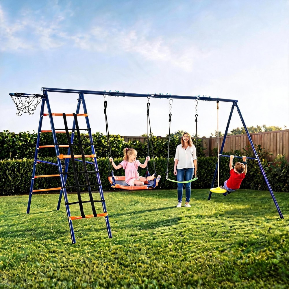 Heavy Duty Kids Play Swing Set w/ 3 Seats & Climbing Wall for Outdoor Backyard👉