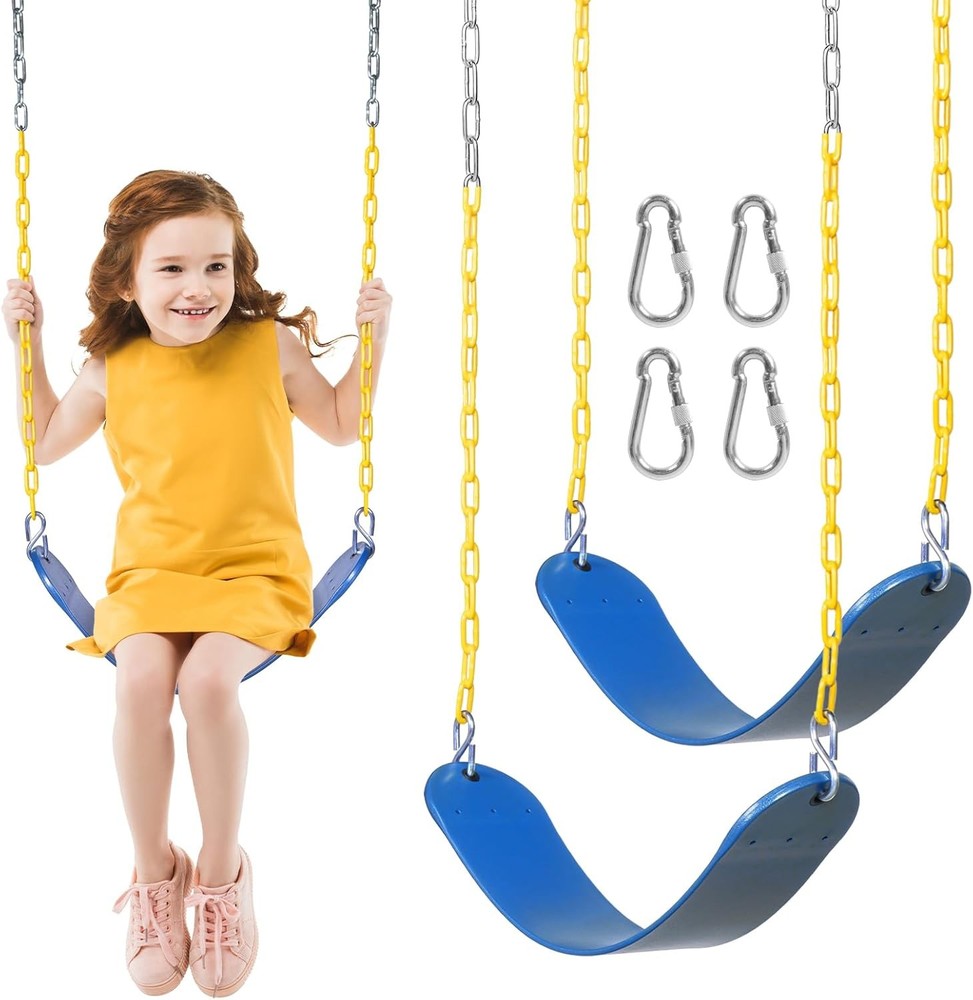 2x Swing Seat for Swing Set, Support 330lb, with Coated Chain & Snap Hooks, Blue