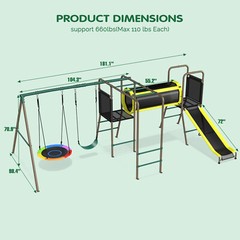 Large Metal Swing Set with 2 Swings, Tunnel, Slide,Climbing Ladder Monkey Bars