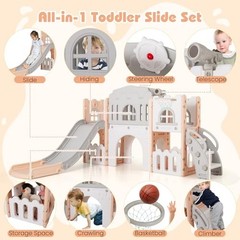 8 in 1 Toddle Slide Playset, Freestanding 69.5″L x 70″W x 40.5″H Pink-8 in 1