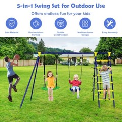 5In1Combo Swing Set Outdoor Kids Swing Set w/A-Shaped Metal Frame & Ground Stake