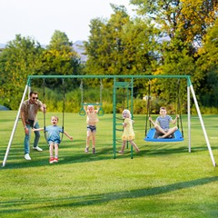 Heavy Duty Metal Swing Set Playground Set for Backyard w/Monkey Bar Climbing Net