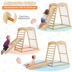 6-in-1 Wood Jungle Gym Montessori Climbing Play Set w/Double-sided Ramp Natural