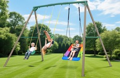 Hapfan 9.5ft Heavy Duty Metal Swing Set for Kids Adult w/3 Swings & Trapeze Bar