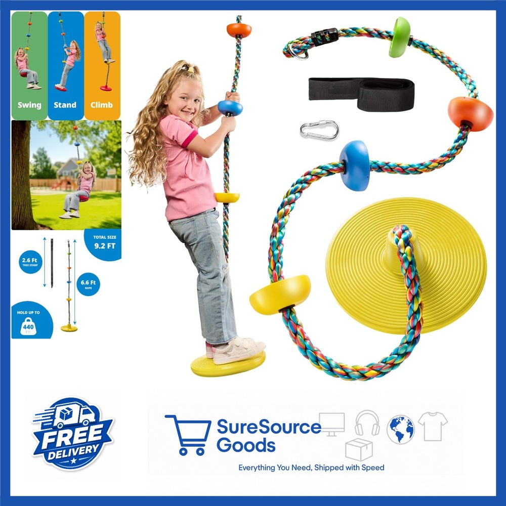 Outdoor Tree Swing Set for Kids – Disc Seat, Carabiner, 2.6ft Strap – Yellow