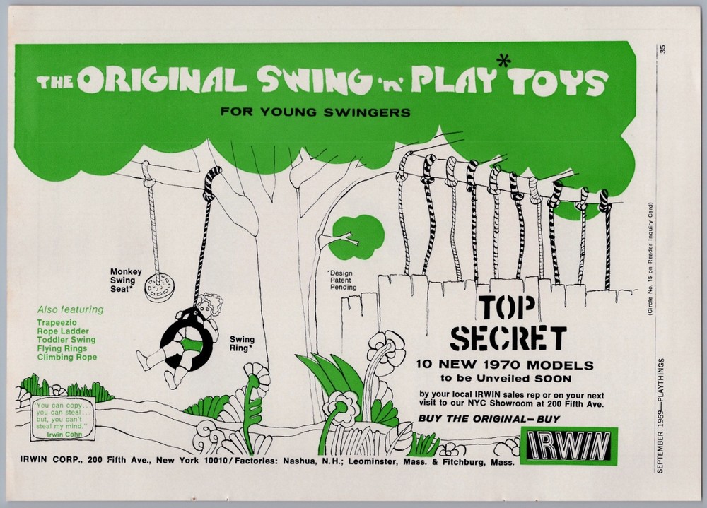 1969 Iwin Corp Vintage Toy Ad Swing n Play Monkey Seat Ring Swinging New Models