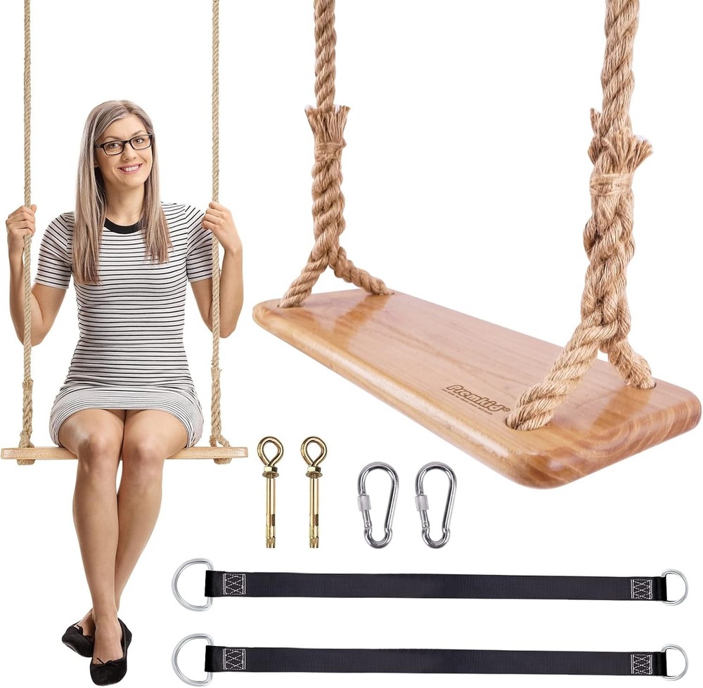 Hanging Wooden Swing 24″x 8″x 1.2″ Tree Swing Adults & Kids W/ 500lbs Load