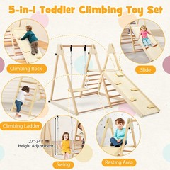 5-in-1 Kids Indoor Playground w/ Slide Climbing Rock Adjustable Swing Wooden