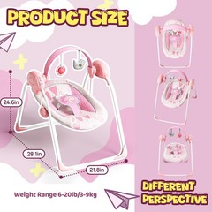 Portable Baby Swing, Pink Electric Infant Swing with 5 Speed Levels, 6 Songs &