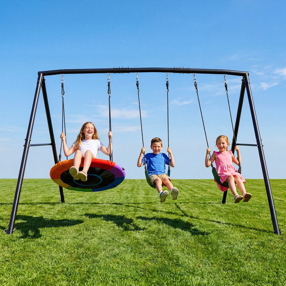 500lb Metal Swing Set Playground with 3 Swings Heavy Duty A-Frame Stand Backyard