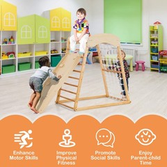 6-in-1 Wood Jungle Gym Montessori Climbing Play Set w/Double-sided Ramp Natural