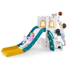 6 in 1 L-shaped Toddle Slide for Toddlers Age 1-3 Baby Slide w/ Basketball Hoop