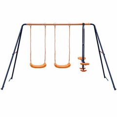 Double Swings Set Sturdy Metal Swing w/1 Seesaw Set for Children Outdoor Play