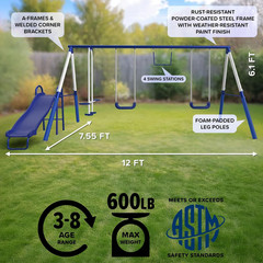 Arcadia Metal Swing Set for Kids – Trapeze, 2-Person Glider, 5Ft Slide, Anchor K