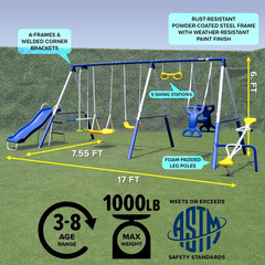 Super 9 Metal Swing Set for Outdoor Backyard Play: Teeter Totter, Glide Ride, Ro