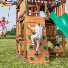 Highlander Cedar Wood Swing Set with Wave Slide Three Story Clubhouse Rock Wall