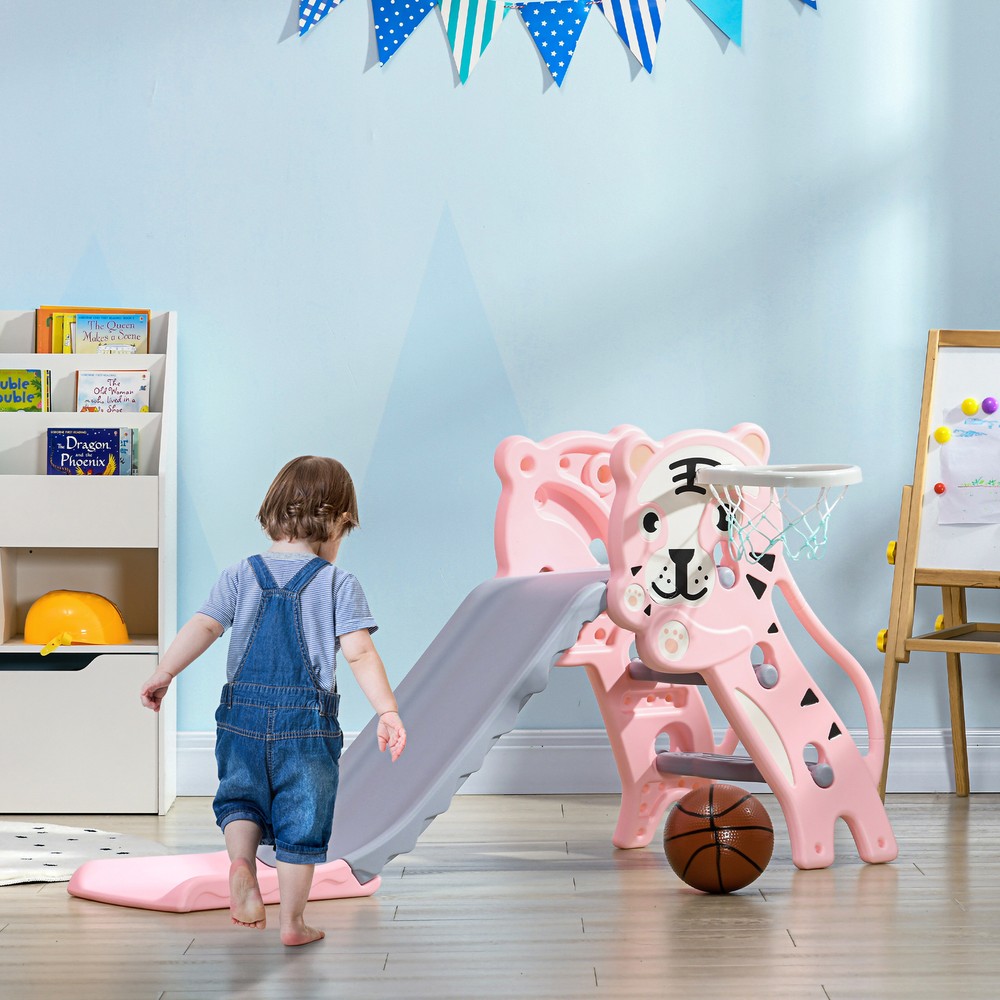 Qaba 2 in 1 Toddler Slide for Indoor with Basketball Hoop, Pink