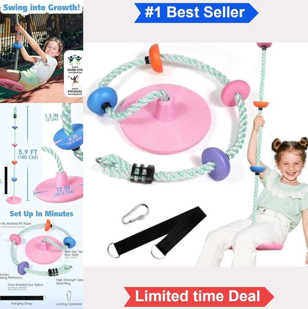 Tree Swing for Kids Disc Seat 6.2ft Candy Pink Indoor Outdoor Rope Climbing