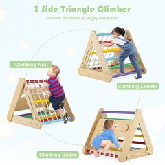 4 in 1 Wooden Climbing Set w/ 3-Side Triangle Climber & Sliding Board Multicolor