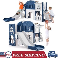 8 in 1 Toddler Slide Kids Climber Playset Indoor Outdoor Slide Blue For 1-3 Age
