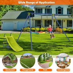 4-in-1 Kids Outdoor Heavy-Duty Metal Playset Swing Set w/Slide & Basketball Hoop