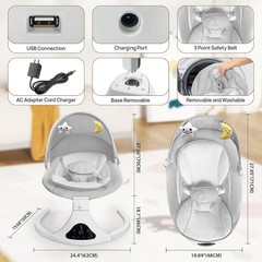 Electric Baby Swing Remote Control 5 Speeds Detachable Seat Grey 0-12M