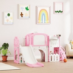 7 in 1 Toddler Slide Set, Frog Theme Outdoor & Indoor Playset, Pink