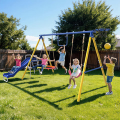 5-in-1 Kids Swing Set with Slide, Saucer, Trapeze & Basketball Hoop