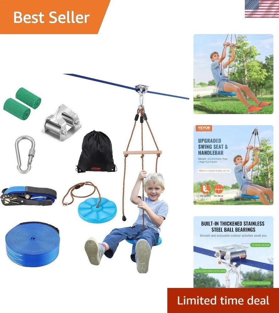 Kids & Adults 52 ft Zip Line Kit – Safe Backyard Fun with Swing Seat & Handlebar