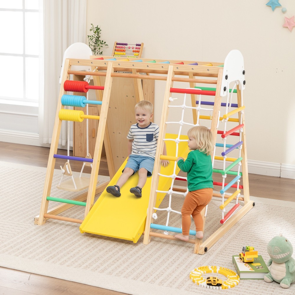 9-in-1 Foldable Kids Climbing Frame & Slide Wooden Toddler Playground for Age 3+