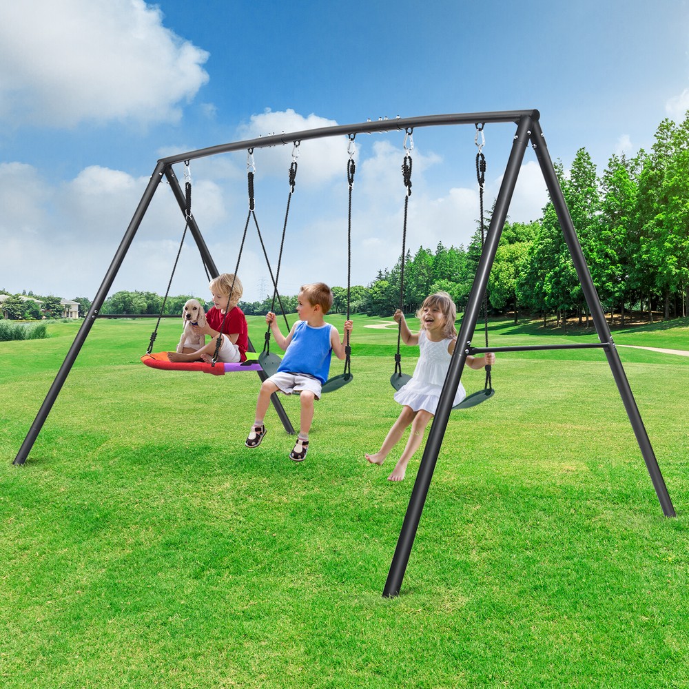 Hapfan 4 IN 1 Outdoor Metal Swing Set with 3 Swings Kids Adult Backyard Swingset