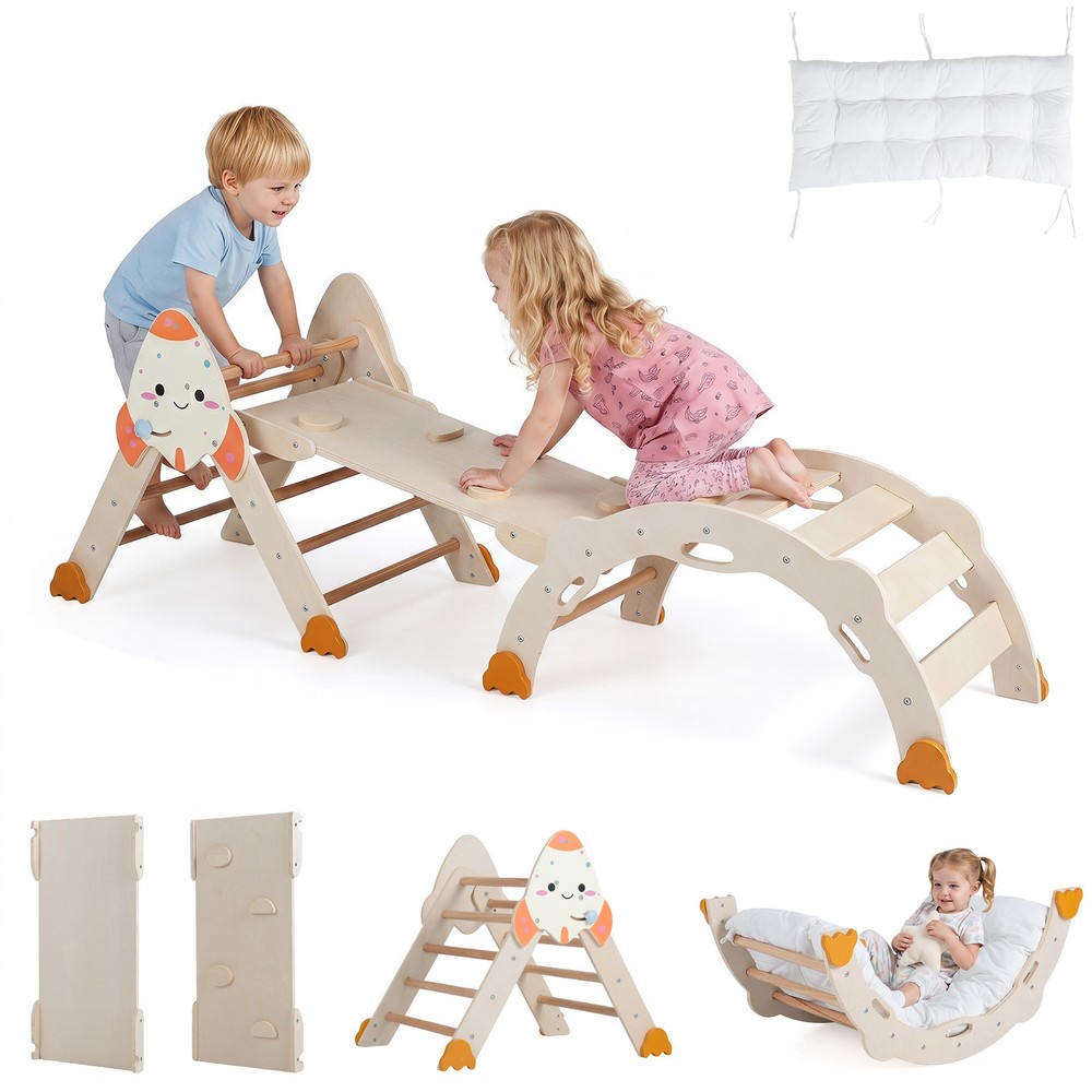 Climbing Toy Set w/ Arch, Foldable Ladder & Wooden Indoor Playground Jungle Gym