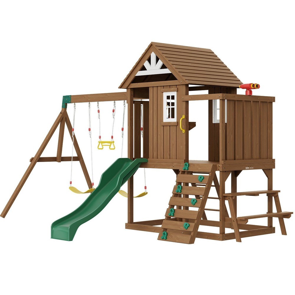 Family Size Wooden Swing Set 9-in-1 w 6ft Slide and Elevated Upper Fort