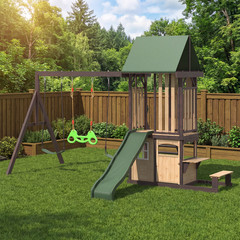 Swing Set W/ Wave Slide & 2 Belt Swings – Kids Outdoor Backyard Play Equipment