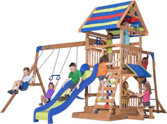 Beach Front Cedar Wood Swing Set with Wave Slide Play Deck Outdoor Playset NEW