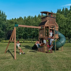 Backyard Wooden Swing Set Playset w 3 Slides Rock Wall Swings Playhouse KidKraft