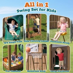 All in 1 Outdoor Backyard Swing Sets Playset for Toddlers, Galvanized Steel & PE