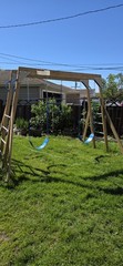 Wooden Outdoor Backyard Swing Set Frame with 2 Blue Belt Swings