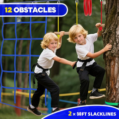 2X50 Ft Ninja Obstacle Course Kit for Kids with Slackline and 13 Fun Accessories