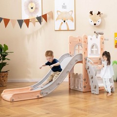 6 in 1 L-shaped Toddle Slide for Toddlers Age 1-3 Baby Slide w/ Basketball Hoop