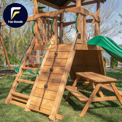 Endeavor Cedar Wood Swing Set with Wave Slide Play Deck Double Rock Wall NEW