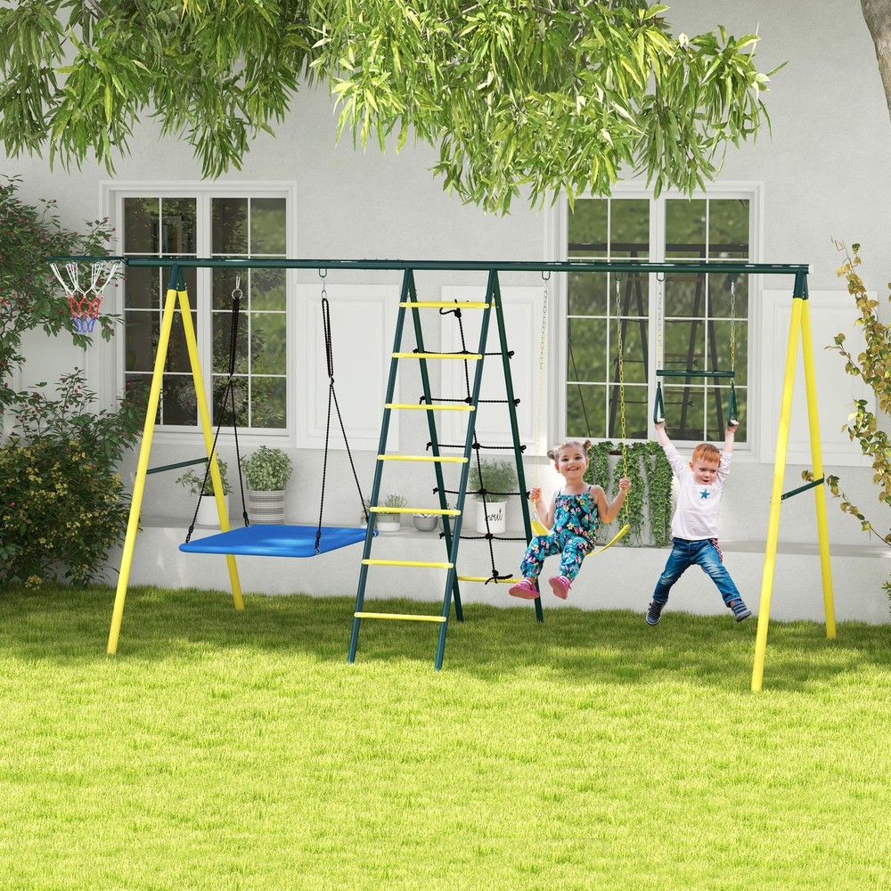Metal Swing Set for Backyard, 5 in 1 Design for Ages 3-8, Yellow