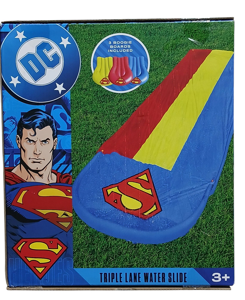 DC Superman Triple Lane Water Slide 20ft with 3 Boogie Boards Outdoor Kids 3+