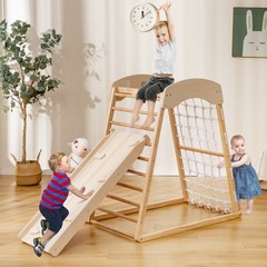 6-in-1 Wood Jungle Gym Montessori Climbing Play Set w/Double-sided Ramp Natural