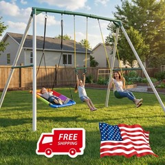 Hapfan 9.5′ Tall Heavy Duty Metal Swing Set with 3 Adjustable Swings Trapeze Bar