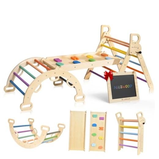 Pikler Triangle Set, Foldable Wooden Toddler Climbing Toys No Cushion Rainbow